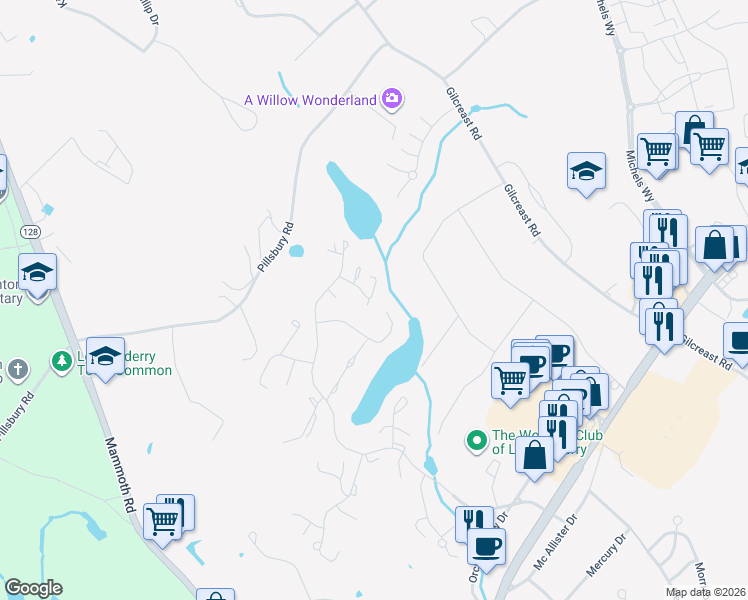 map of restaurants, bars, coffee shops, grocery stores, and more near 299 Winding Pond Road in Londonderry
