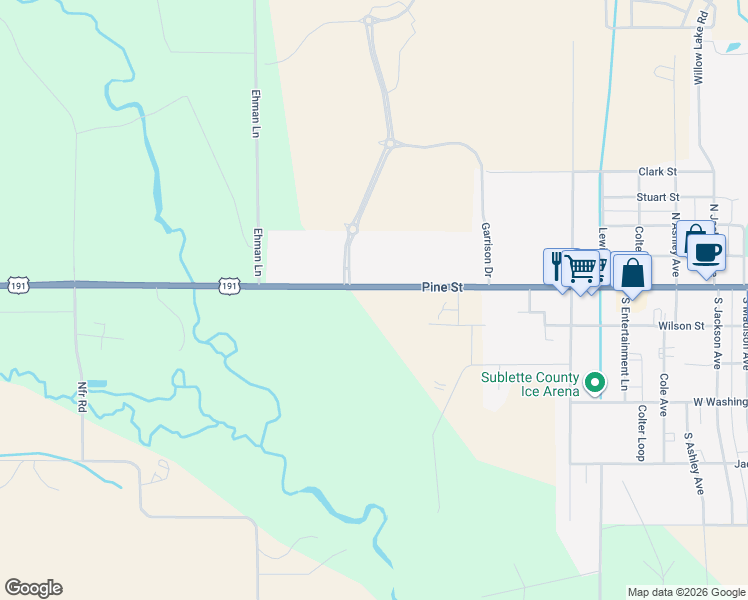 map of restaurants, bars, coffee shops, grocery stores, and more near 1554 U.S. 191 in Pinedale