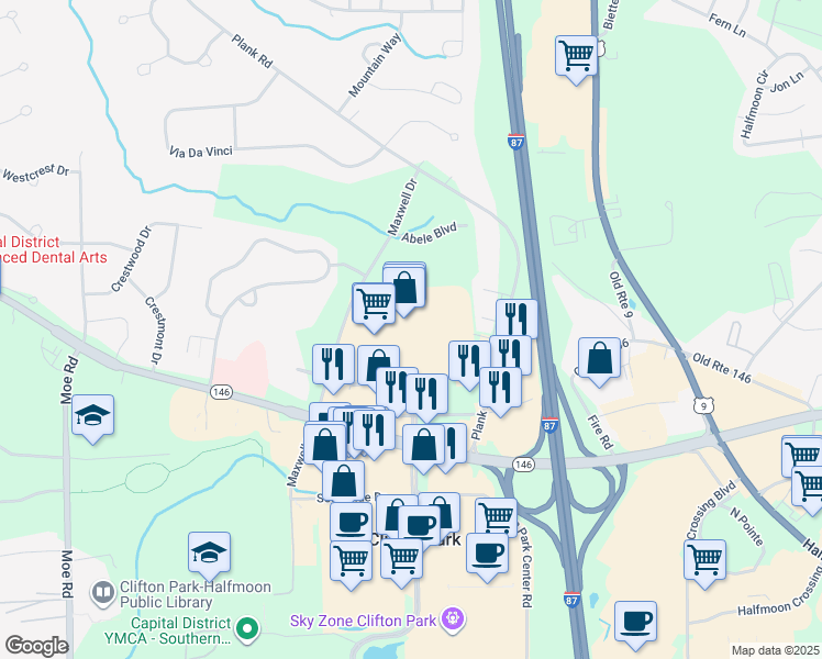 map of restaurants, bars, coffee shops, grocery stores, and more near 15 Park Avenue in Saratoga County