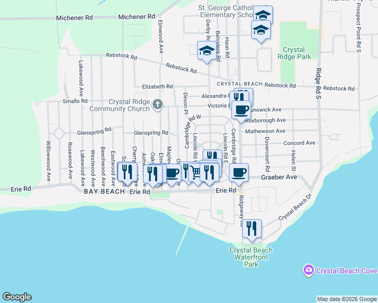 map of restaurants, bars, coffee shops, grocery stores, and more near 343 Cambridge Road West in Fort Erie