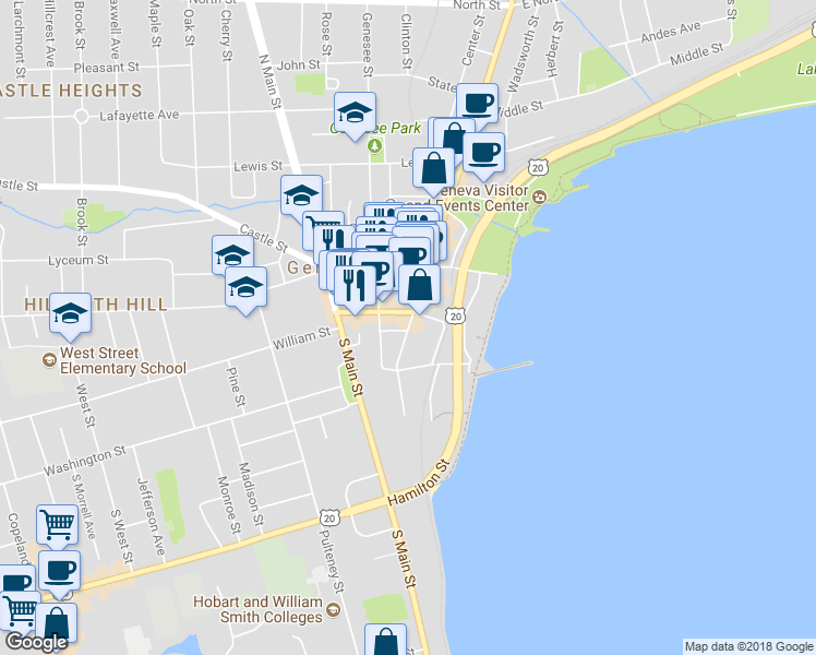 map of restaurants, bars, coffee shops, grocery stores, and more near 554 South Exchange Street in Geneva