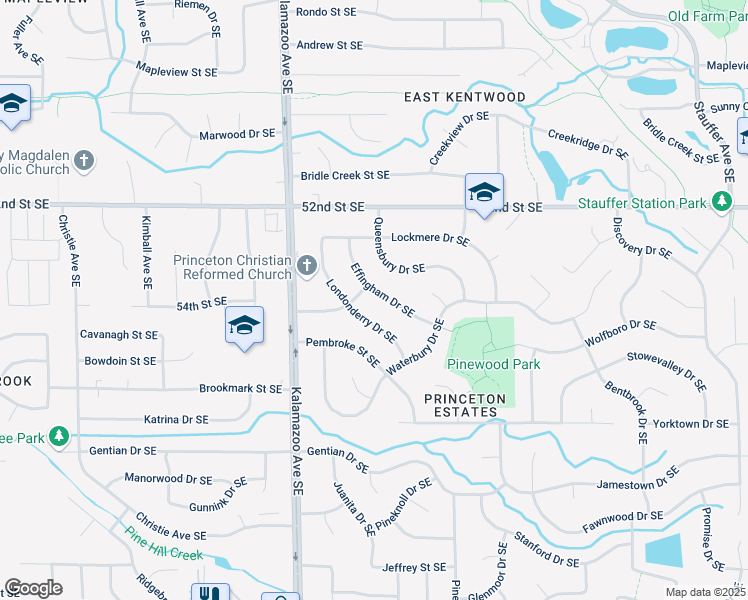 map of restaurants, bars, coffee shops, grocery stores, and more near 5412 Londonderry Drive Southeast in Kentwood