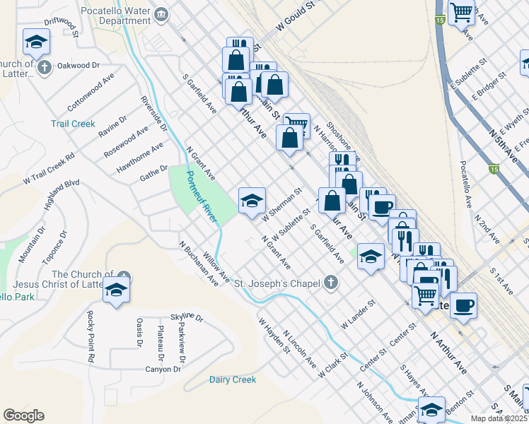 map of restaurants, bars, coffee shops, grocery stores, and more near 950 North Hayes Avenue in Pocatello