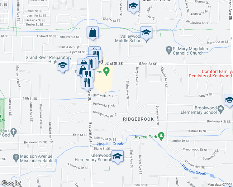 map of restaurants, bars, coffee shops, grocery stores, and more near 941 Hardwick Drive Southeast in Kentwood