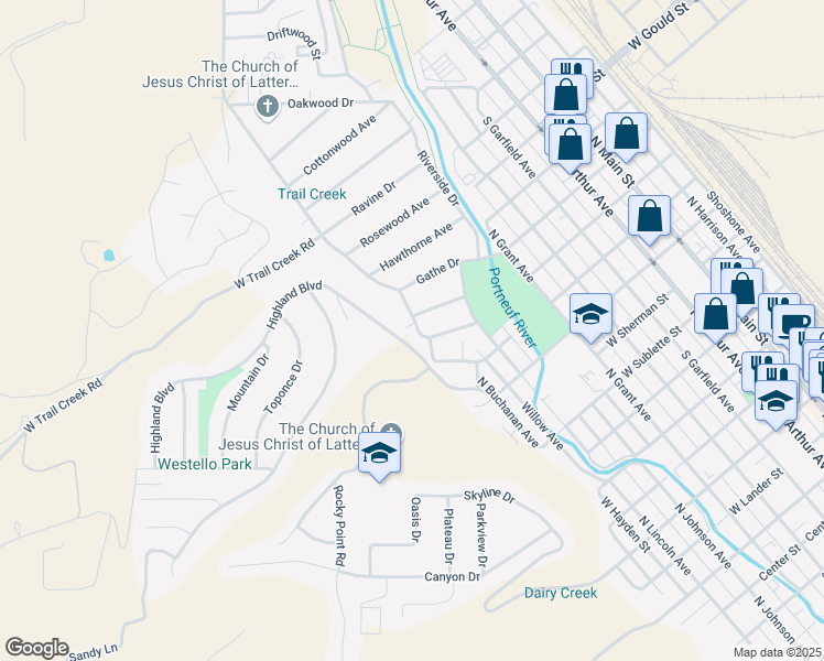 map of restaurants, bars, coffee shops, grocery stores, and more near 55 Foothill Boulevard in Pocatello