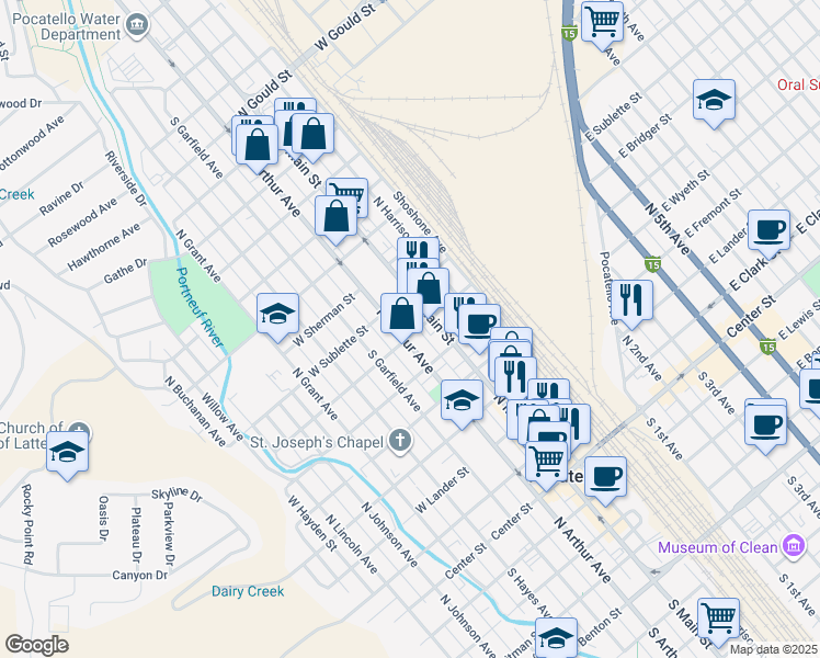 map of restaurants, bars, coffee shops, grocery stores, and more near 735 North Main Street in Pocatello