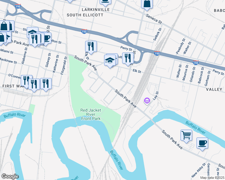 map of restaurants, bars, coffee shops, grocery stores, and more near 882 South Park Avenue in Buffalo
