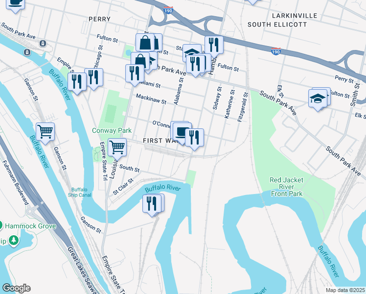 map of restaurants, bars, coffee shops, grocery stores, and more near 97 Vandalia Street in Buffalo