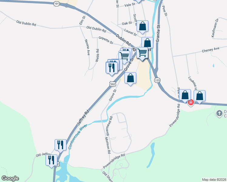 map of restaurants, bars, coffee shops, grocery stores, and more near 145 Grove Street in Peterborough