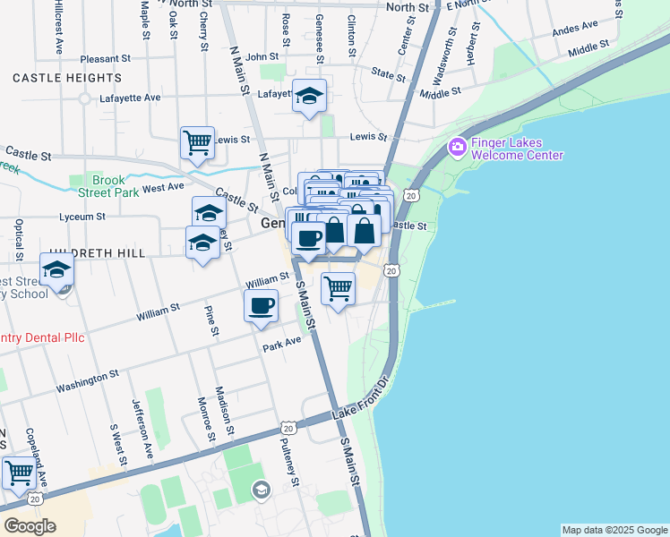 map of restaurants, bars, coffee shops, grocery stores, and more near 40-42 Seneca Street in Geneva