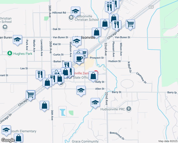 map of restaurants, bars, coffee shops, grocery stores, and more near 3333 Central Boulevard in Hudsonville