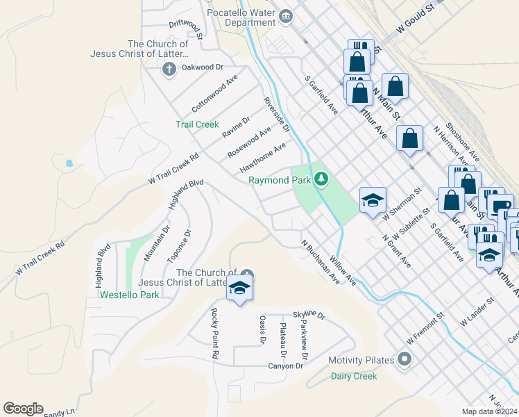 map of restaurants, bars, coffee shops, grocery stores, and more near 59 Foothill Boulevard in Pocatello