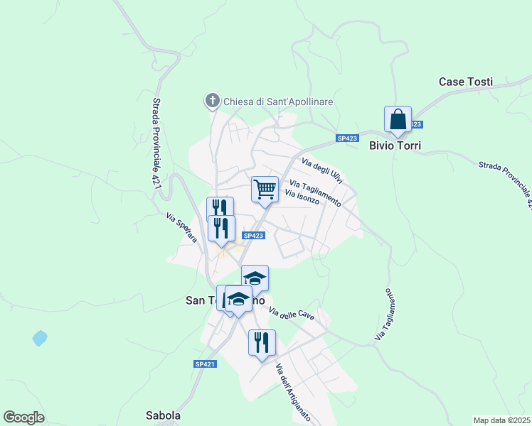 map of restaurants, bars, coffee shops, grocery stores, and more near 37 Via Roma in San Terenziano