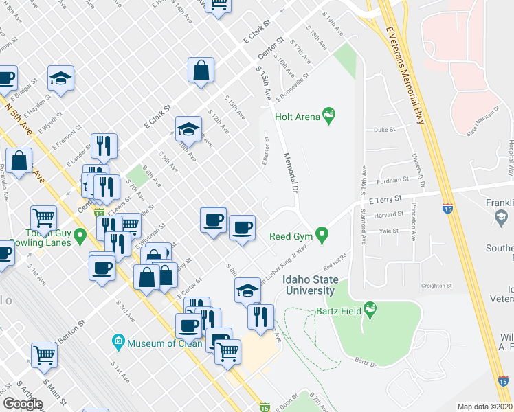 map of restaurants, bars, coffee shops, grocery stores, and more near 500 South 11th Avenue in Pocatello