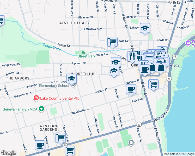 map of restaurants, bars, coffee shops, grocery stores, and more near 82 High Street in Geneva