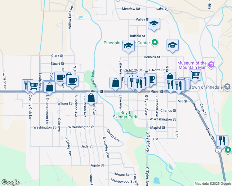 map of restaurants, bars, coffee shops, grocery stores, and more near 332 West Pine Street in Pinedale