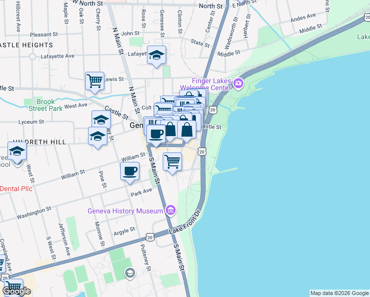 map of restaurants, bars, coffee shops, grocery stores, and more near 505 New York 14 in Geneva