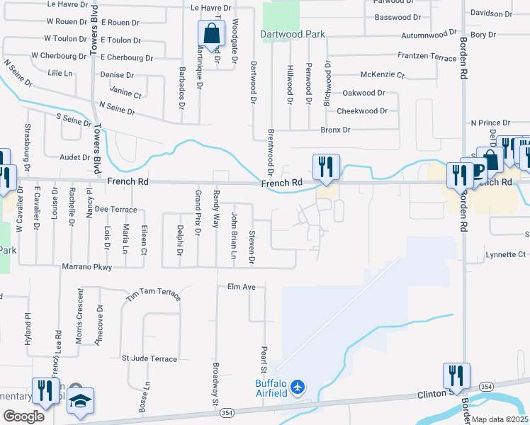 map of restaurants, bars, coffee shops, grocery stores, and more near 44 Steven Drive in Buffalo