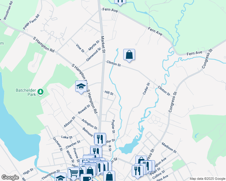 map of restaurants, bars, coffee shops, grocery stores, and more near 16 Hill Street in Amesbury