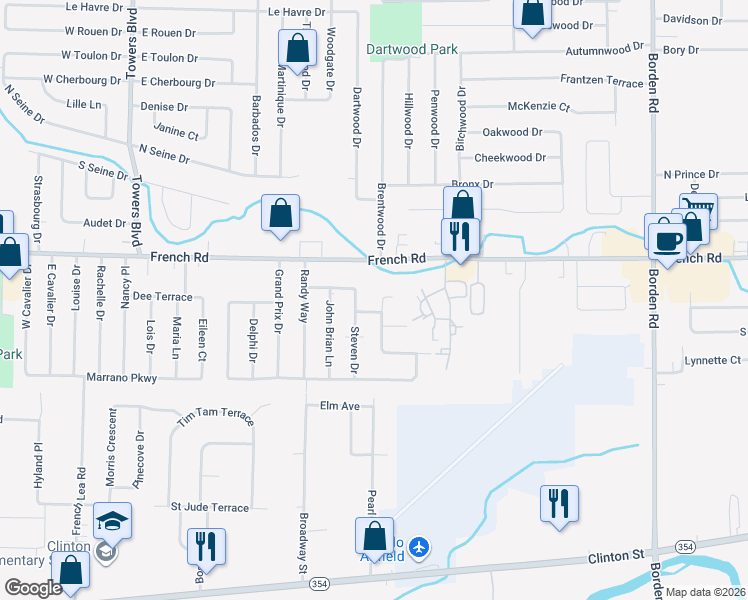 map of restaurants, bars, coffee shops, grocery stores, and more near 44 Steven Drive in Buffalo