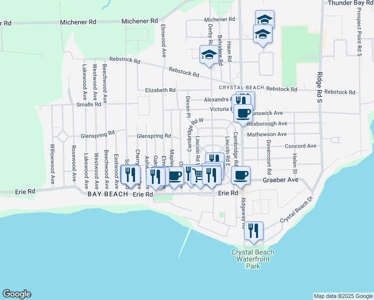 map of restaurants, bars, coffee shops, grocery stores, and more near 354 Cambridge Road West in Fort Erie