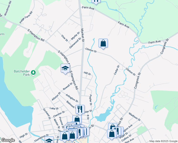map of restaurants, bars, coffee shops, grocery stores, and more near 16 Hill Street in Amesbury