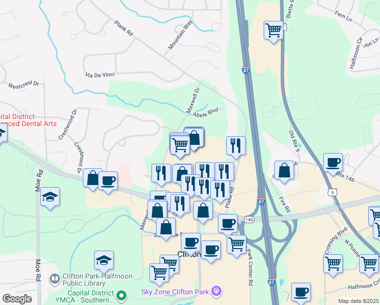 map of restaurants, bars, coffee shops, grocery stores, and more near 15 Park Avenue in Saratoga County