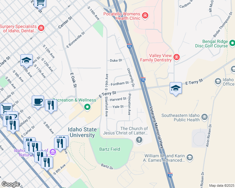 map of restaurants, bars, coffee shops, grocery stores, and more near 1705 East Terry Street in Pocatello