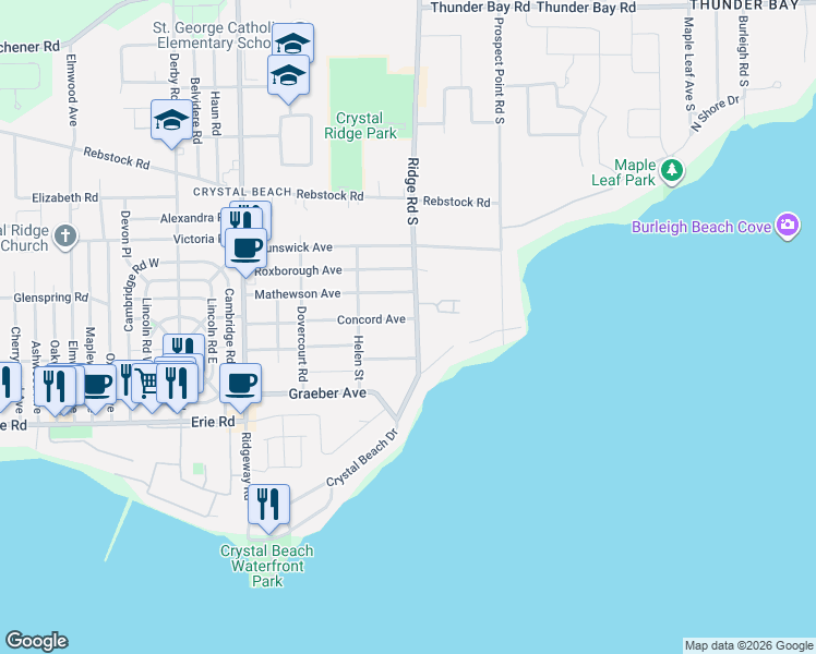 map of restaurants, bars, coffee shops, grocery stores, and more near 3710 Concord Avenue in Fort Erie