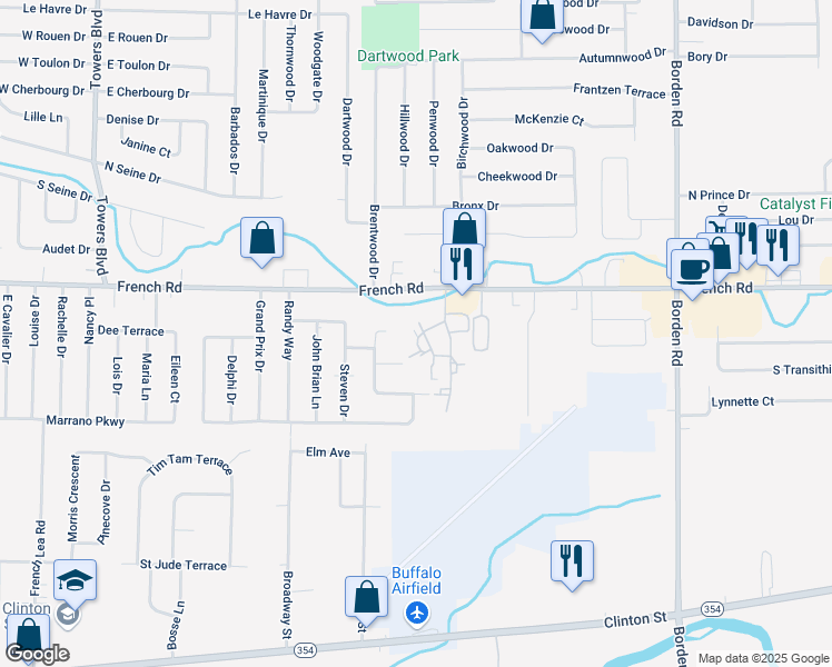 map of restaurants, bars, coffee shops, grocery stores, and more near 10-66 Haley Lane in Cheektowaga