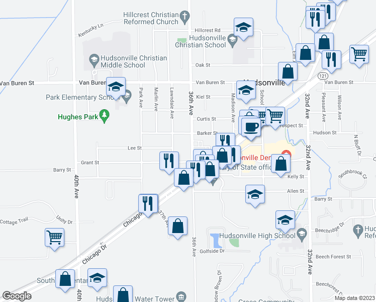 map of restaurants, bars, coffee shops, grocery stores, and more near 5349 36th Avenue in Hudsonville