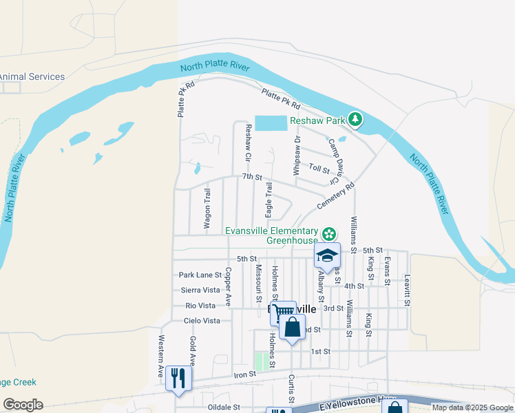 map of restaurants, bars, coffee shops, grocery stores, and more near 658 Pony Express Trail in Evansville