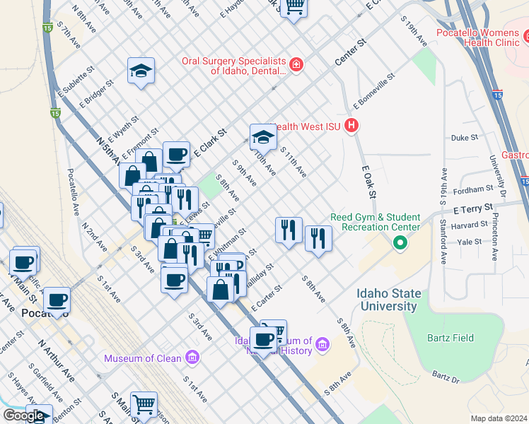 map of restaurants, bars, coffee shops, grocery stores, and more near 345 S 9th Ave in Pocatello
