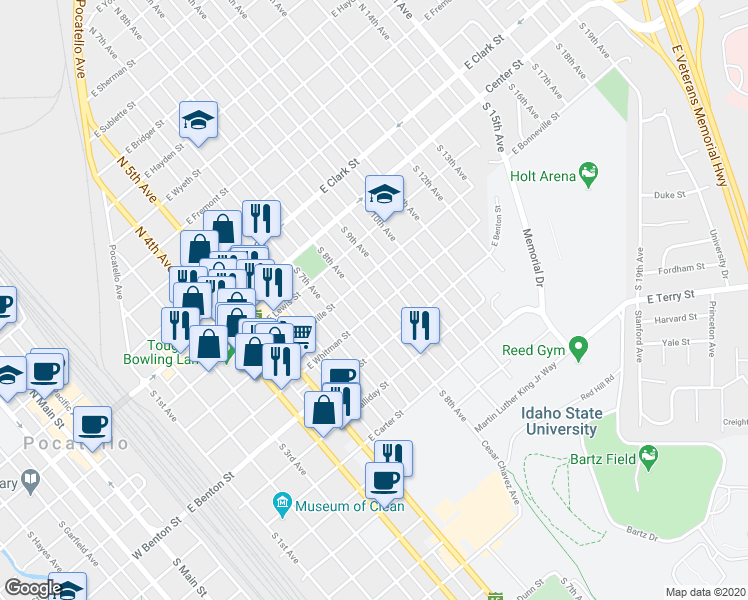 map of restaurants, bars, coffee shops, grocery stores, and more near 308 South 8th Avenue in Pocatello