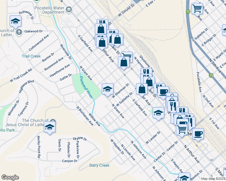 map of restaurants, bars, coffee shops, grocery stores, and more near 950 North Hayes Avenue in Pocatello