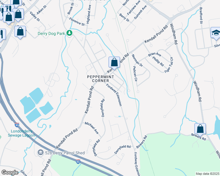 map of restaurants, bars, coffee shops, grocery stores, and more near 5 1st Lane in Derry