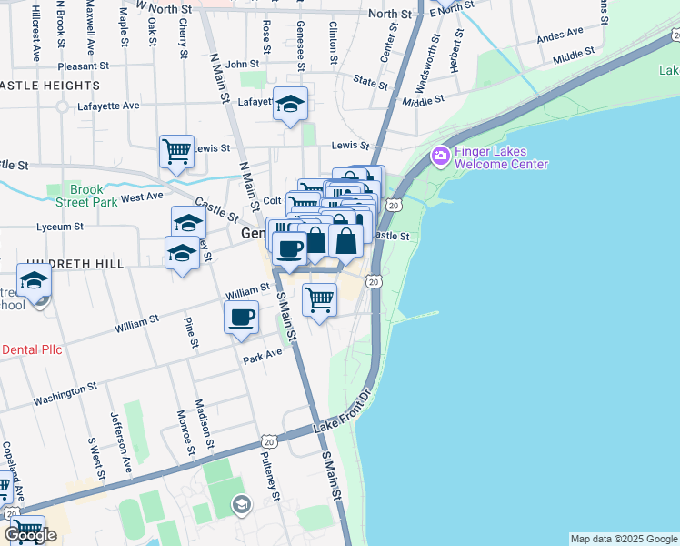 map of restaurants, bars, coffee shops, grocery stores, and more near 505 New York 14 in Geneva