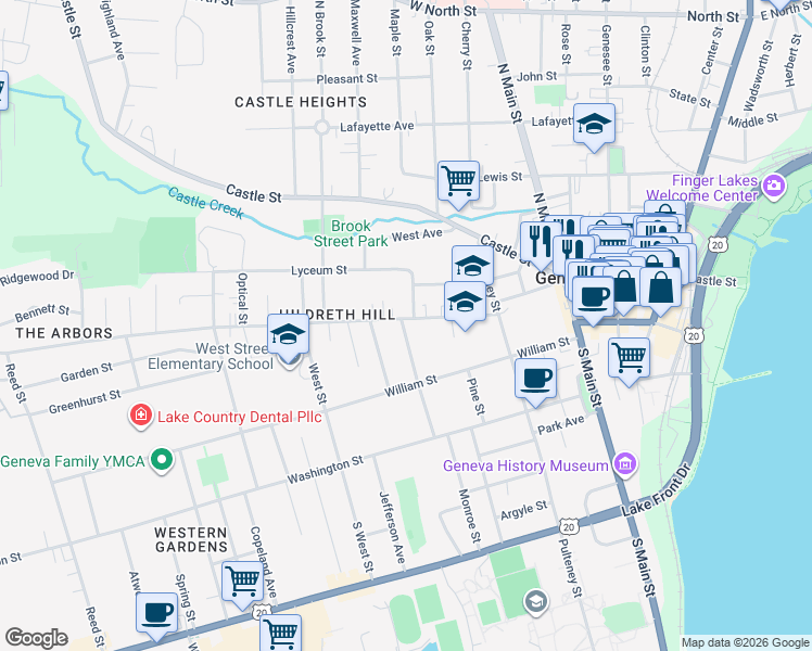map of restaurants, bars, coffee shops, grocery stores, and more near 82 High Street in Geneva