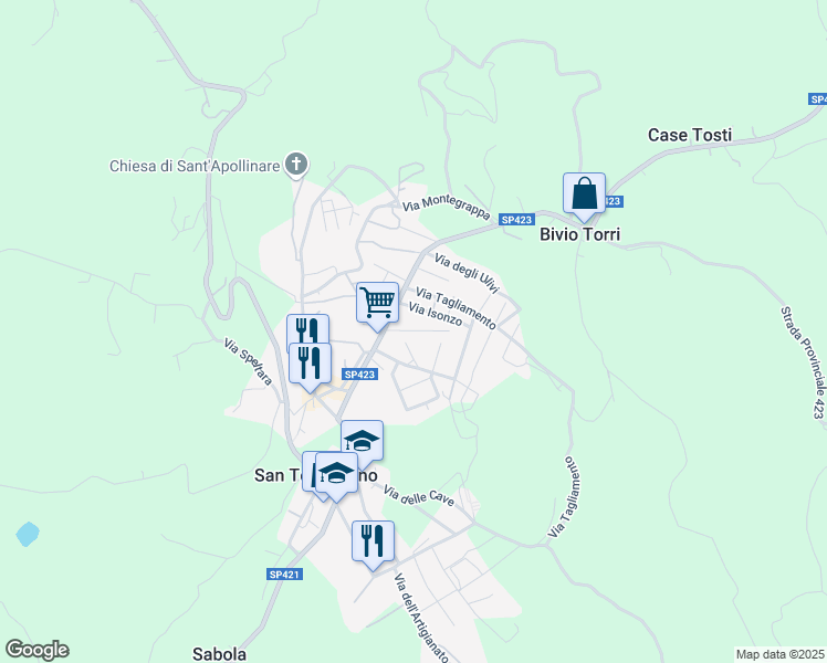 map of restaurants, bars, coffee shops, grocery stores, and more near 37 Via Roma in San Terenziano