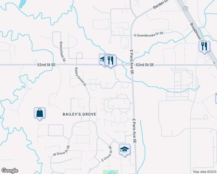map of restaurants, bars, coffee shops, grocery stores, and more near 3805 Old Elm Drive Southeast in Kentwood