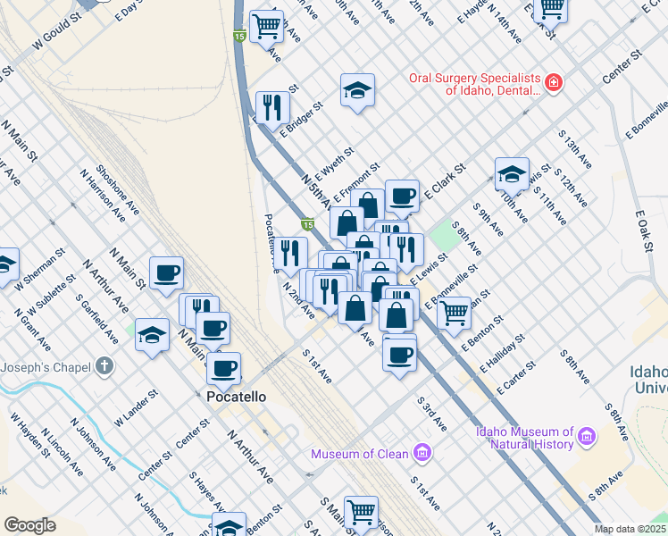 map of restaurants, bars, coffee shops, grocery stores, and more near 201 Interstate 15 Business Loop in Pocatello
