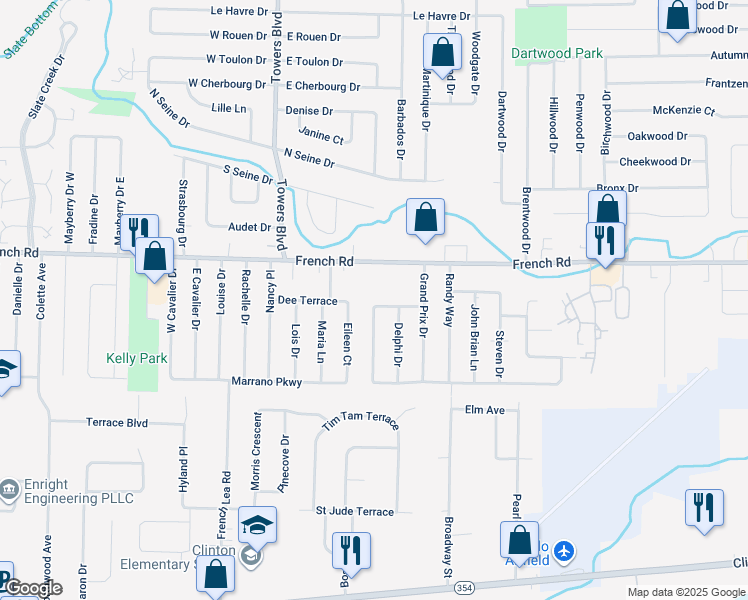 map of restaurants, bars, coffee shops, grocery stores, and more near 46 Caprice Drive in Cheektowaga