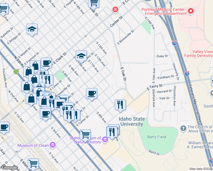 map of restaurants, bars, coffee shops, grocery stores, and more near 519 South 11th Avenue in Pocatello