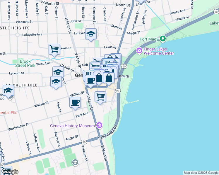 map of restaurants, bars, coffee shops, grocery stores, and more near 529 Exchange Street in Geneva