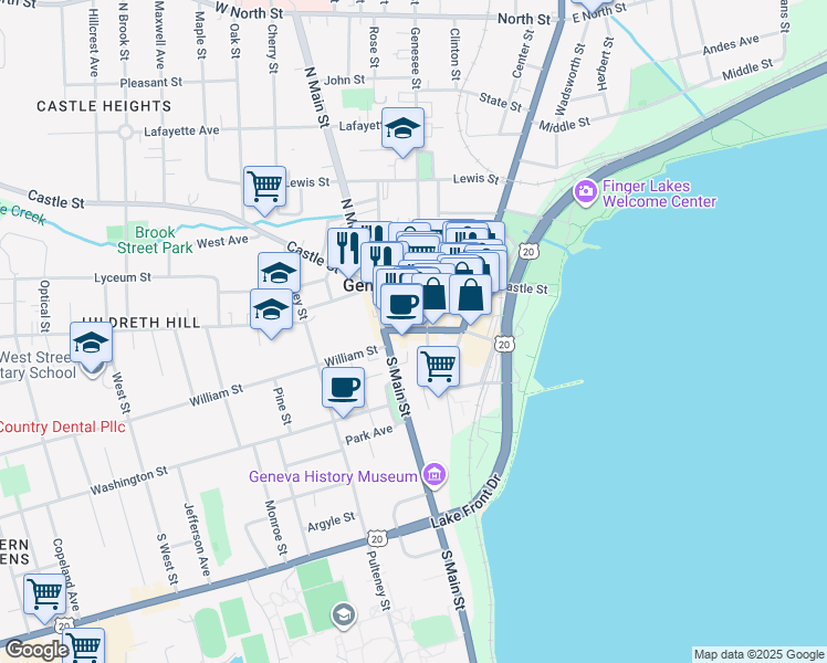 map of restaurants, bars, coffee shops, grocery stores, and more near 59 Seneca Street in Geneva