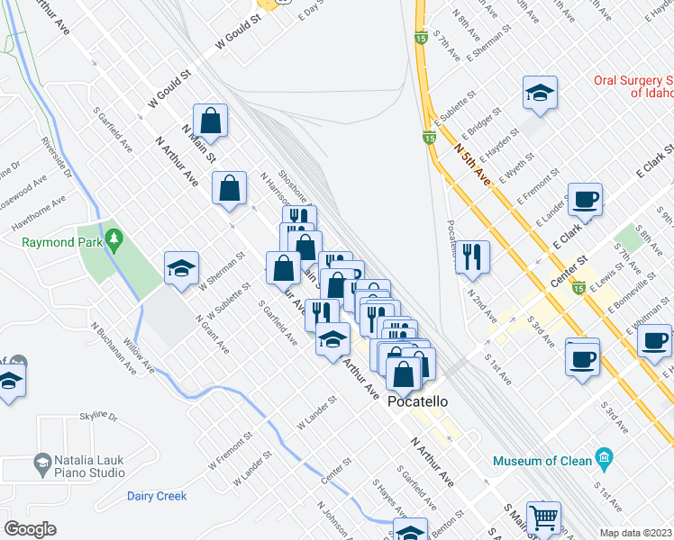 map of restaurants, bars, coffee shops, grocery stores, and more near 621 North Harrison Avenue in Pocatello