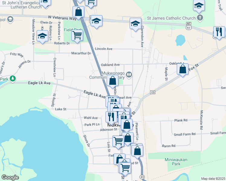 map of restaurants, bars, coffee shops, grocery stores, and more near in Mukwonago