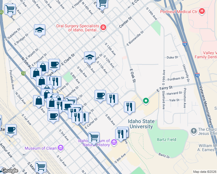 map of restaurants, bars, coffee shops, grocery stores, and more near 519 South 11th Avenue in Pocatello