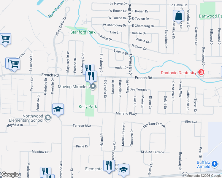 map of restaurants, bars, coffee shops, grocery stores, and more near 27 Louise Drive in Cheektowaga