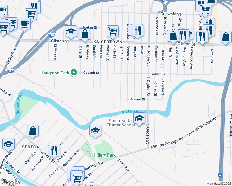 map of restaurants, bars, coffee shops, grocery stores, and more near 78 Cable Street in Buffalo